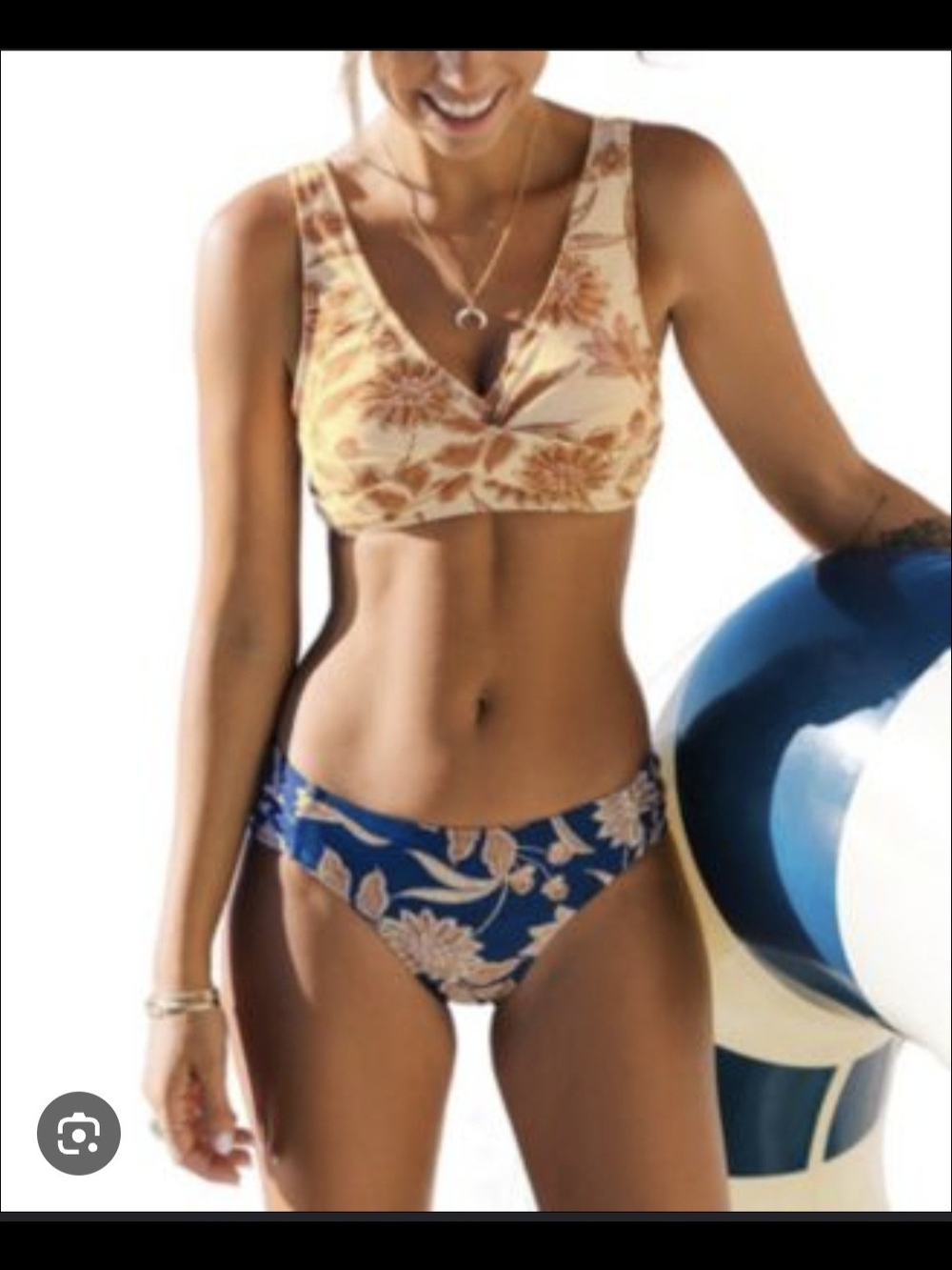 Cupshe Floral Two-Piece Bikini — Beige Top & Blue Floral Bottom